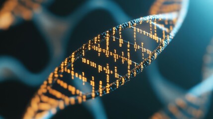 Genetic coding, binary code intertwined with DNA, 3D illustration
