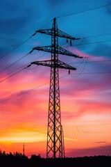 Poster - A power line stretches across the landscape as the sun sets behind it, creating a warm glow