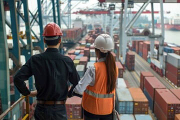 Poster - A group of people standing outside shipping containers, possibly at an outdoor event or storage facility