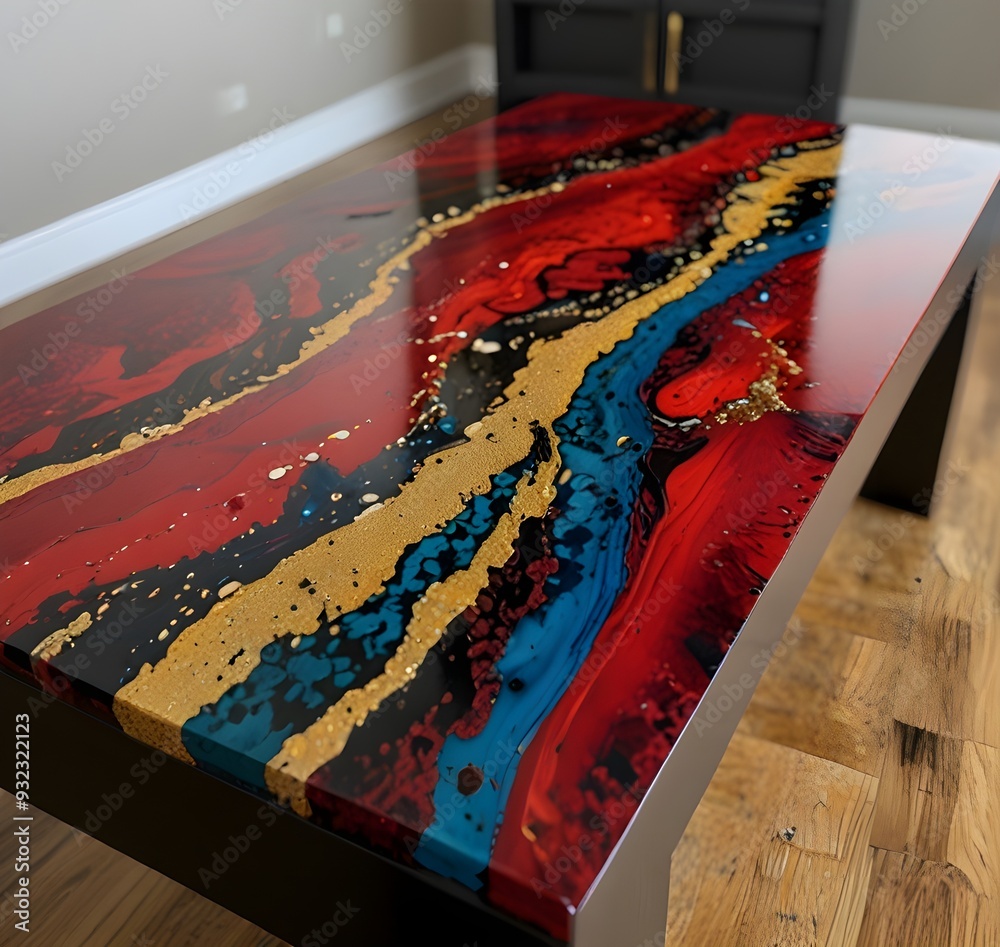 Showcase an abstract art epoxy table top that combines bold colors and ...