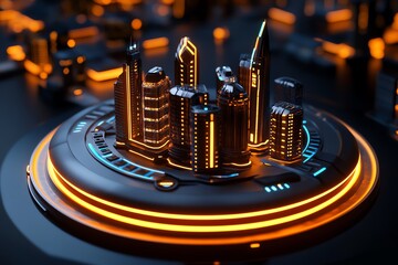 Poster - Futuristic cityscape with glowing buildings and vibrant lights, showcasing a modern and sleek design in a digital environment.