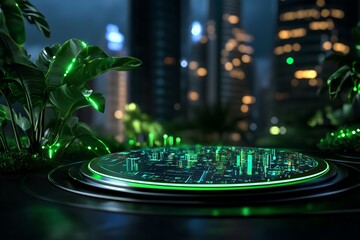 Aufkleber - Futuristic cityscape with glowing greenery, showcasing advanced technology and digital elements intertwined with nature.