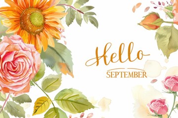 Poster - Watercolor sunflowers and roses framed with the text 