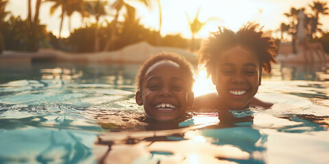 Wall Mural - Mother and child playing in swimming pool with colorful floating toy. Little child having fun on family summer vacation in tropical resort. Beach and water toys.