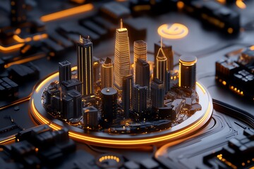 Poster - Futuristic cityscape with glowing skyscrapers on a technology-themed background, showcasing modern urban architecture.