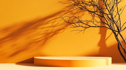 Canvas Print - A simple round podium against a bright orange background with the shadow of a tree branch.