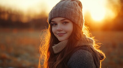 October: lovely, adorable girl against a backdrop of an autumnal sunset