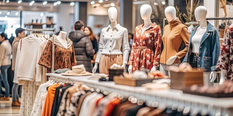 A well-lit clothing store interior featuring several mannequins dressed in trendy outfits. The mannequins showcase various styles, from casual to formal wear.