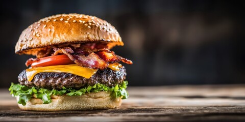 A juicy cheeseburger, sesame bun, grilled beef patty, melted cheese, crispy lettuce, tomato slices, caramelized onions, a rustic wooden table, vignette, shallow depth of field, food photography