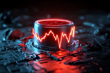 Poster - Futuristic device emitting a glowing red waveform in a dark, textured environment, representing technology and innovation.