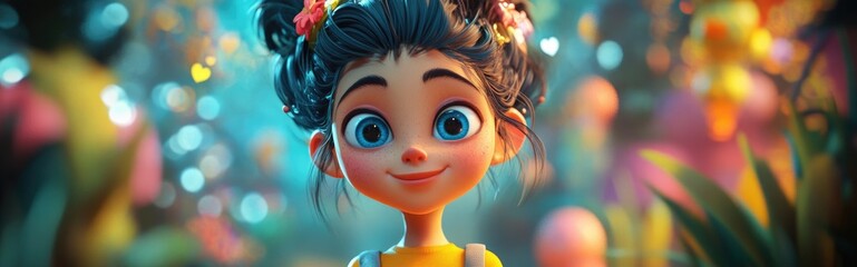 Wall Mural - 3D cartoon portrait of a young pretty girl in a colorful park