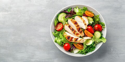 fresh salad with grilled chicken, colorful vegetables, cherry tomatoes, cucumbers, mixed greens, light gray textured background, high-angle shot, healthy eating, vibrant colors, minimalist presentatio