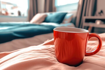 Cozy Morning with Red Coffee Mug in a Warm, Elegant Bedroom Setting