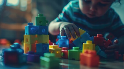 Poster - A young child is having fun playing with colorful plastic blocks
