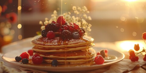 Poster - Nutritious Breakfast Homemade American Pancakes with Fresh Berries and Honey Drizzle