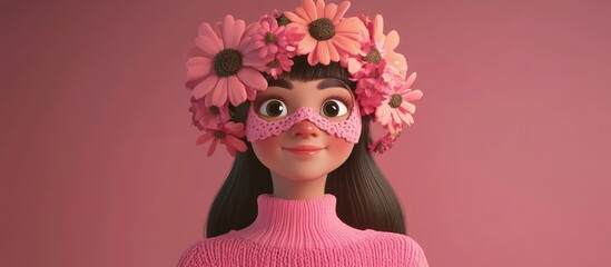 Wall Mural - A 3D cartoon girl wearing a flower mask A vibrant 3D cartoon portrait of a young girl in a pink sweater