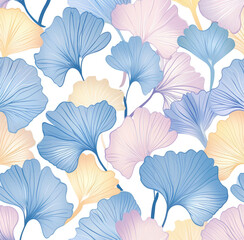 Wall Mural - A seamless pattern of pastel-colored ginkgo leaves, in soft pinks and blues, arranged to form an abstract floral design on a white background.