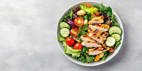 fresh salad with grilled chicken, colorful vegetables, cherry tomatoes, cucumbers, mixed greens, light gray textured background, high-angle shot, healthy eating, vibrant colors, minimalist presentatio