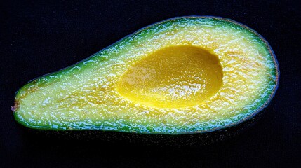 Wall Mural -   Avocado split in half on black background with yellow mark