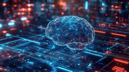Poster - 2D illustration depicting a concept of thought with a brain backdrop representing abstract artificial intelligence and a technology themed web background