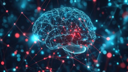 Poster - 2D illustration depicting a concept of thought with a brain backdrop representing abstract artificial intelligence and a technology themed web background