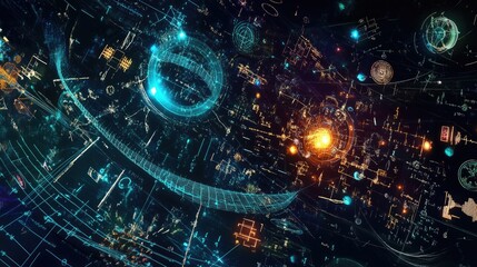 Poster - 2D illustration depicting a collection of mathematical algorithms with symbols against a dark background representing the study of mathematics and physics