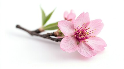 Wall Mural -   A pink flower resting atop a twig atop a white table beside a green leaf