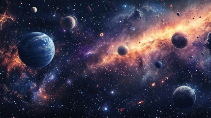 Poster - 2d illustration depicting deep interstellar space filled with stars planets moons and comets showcas