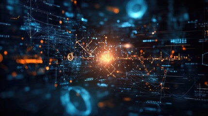 Poster - 2D illustration depicting mathematical and physics concepts with algorithms and symbols against a dark background