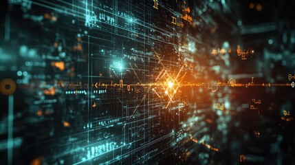 Poster - 2D illustration depicting mathematical and physics concepts with algorithms and symbols against a dark background