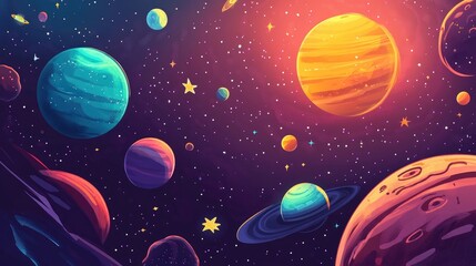 Poster - 2d illustration featuring a cartoon style depiction of vast space a blend of stars planets and moons