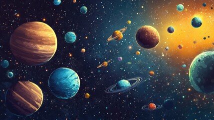 Poster - 2d illustration featuring a cartoon style depiction of vast space a blend of stars planets and moons