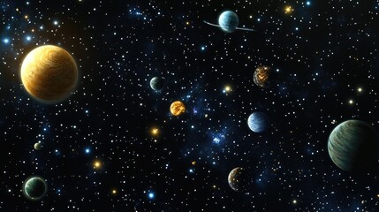 Poster - 2d illustration featuring a realistic star pattern in deep space showcasing stars planets and moons 