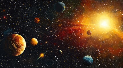 Poster - 2d illustration featuring a realistic starry background in deep space vivid stars planets and moons 