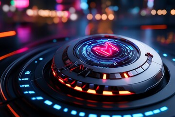 Poster - Futuristic interface design featuring bright neon lights and intricate patterns, perfect for technology and sci-fi themes.