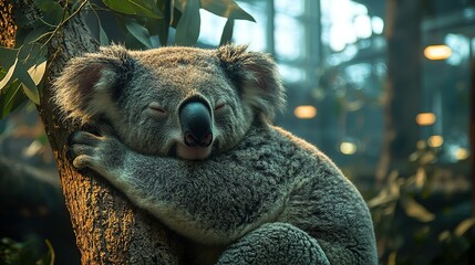 Poster -  A koala dozes in a high-up tree, leaning on a limb with its eyes shut