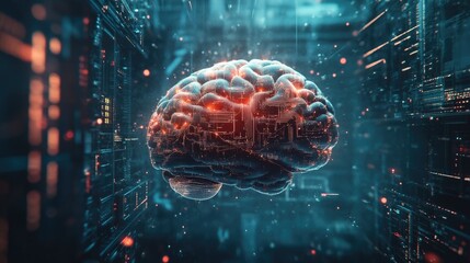 Poster - 2D illustration showcasing a conceptual representation of thinking with an abstract brain design emphasizing artificial intelligence and technology in the background