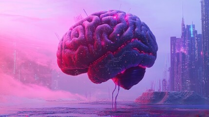 Poster - 2D illustration showcasing a conceptual representation of thinking with an abstract brain design emphasizing artificial intelligence and technology in the background