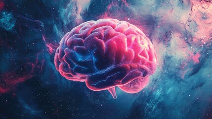 Poster - 2D illustration showcasing a conceptual representation of thinking with an abstract brain design emphasizing artificial intelligence and technology in the background