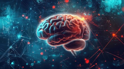 Poster - 2D illustration representing a conceptual idea of thinking featuring a brain background and an abstract design related to artificial intelligence and technology