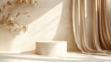 Poster - 3D abstract backdrop featuring a beige stone podium and pillar with a metallic gold frame and flowing cloth Ideal for showcasing cosmetic or beauty products in a trendy setting
