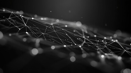 Poster - 3D Abstract Grey Background Featuring Rapid Zooming Low Poly Connection of Dots and Lines Network Structure Futuristic HUD Design