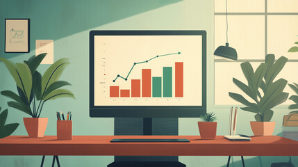 A cartoon-style illustration of an office desk with plants and a computer displaying graphs, illustrating the concept of sales growth in business marketing.