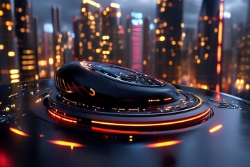 Aufkleber - Futuristic skyline with glowing technology features, showcasing an advanced urban environment at night.