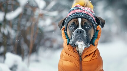 Wall Mural - A dog is wearing a colorful jacket and a rainbow-colored hat