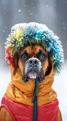 Wall Mural - A dog is wearing a colorful jacket and a rainbow-colored hat