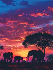Poster - A group of elephants peacefully grazes, silhouetted against a stunning sunset with colorful clouds in the background. Generative AI