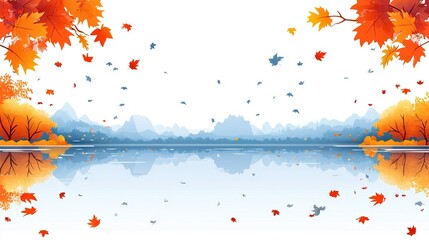 Wall Mural -   A serene depiction of a lake encircled by majestic trees, their vibrant autumn foliage strewn across the ground A towering mountain looms in the