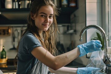 Canvas Print - A person washing their hands at home in a kitchen sink