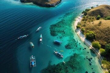 Wall Mural - A group of boats drifting on the surface of a serene lake, great for use in travel or relaxation-themed projects